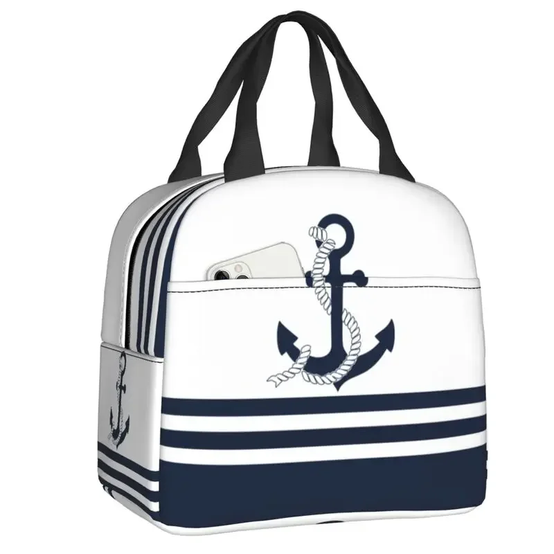 Nautical Navy Blue Anchor Stripes Insulated Lunch Bag for School Office Cooler Thermal Bento Box Women Food Container Tote Bags