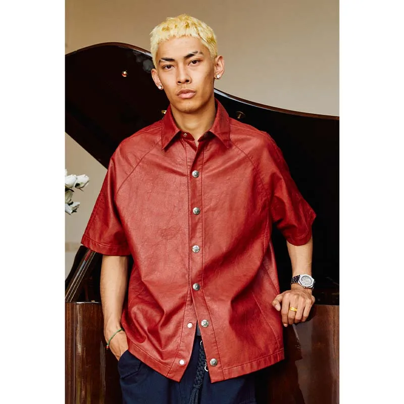 Red Leather Short Sleeve Shirt for Men 2023 Summer Street Wear Loose Shirt Hip Hop Leather Shirts Men Clothing R69