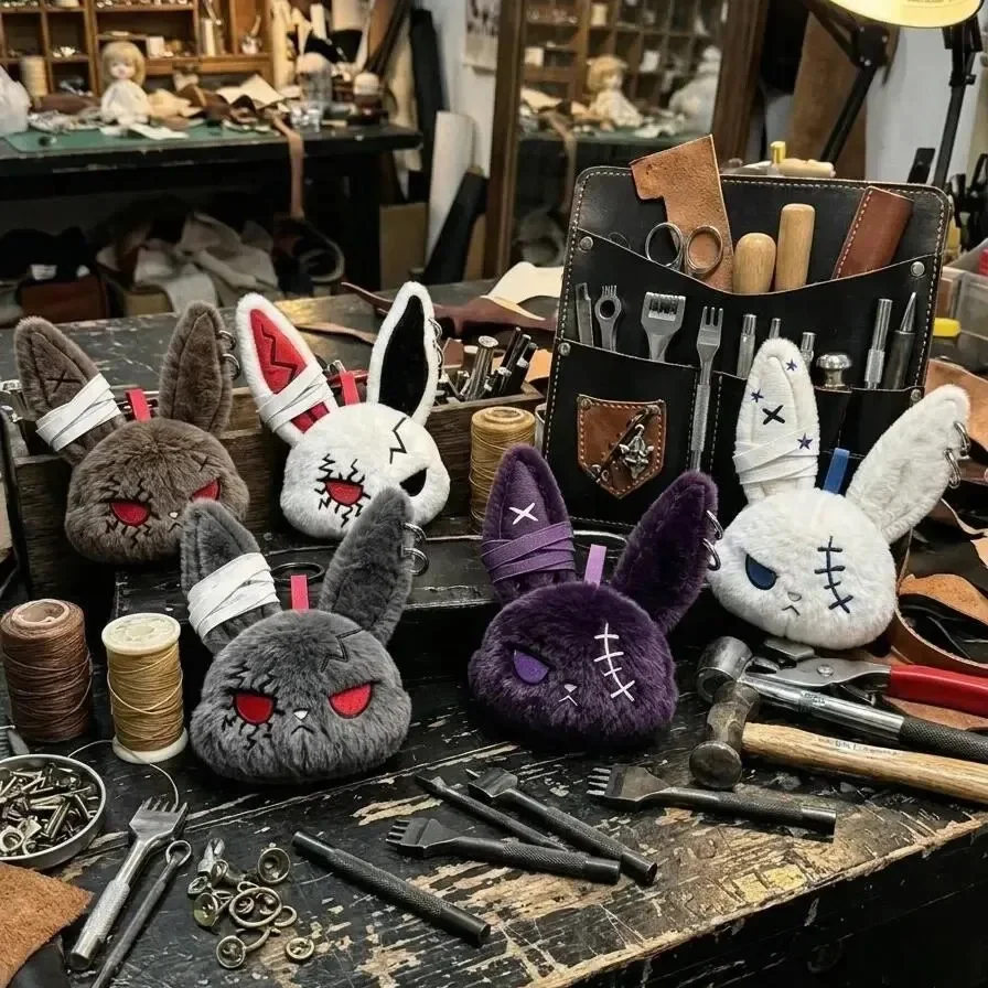 Heißer Gothic-Häschen-Plüsch-Schlüsselanhänger, Hasen-Taschenanhänger mit Bandage-Design, Kawaii-Schlüsselring-Anhänger, Auto-Taschen-Ornament, Geschenk für – Detail 1