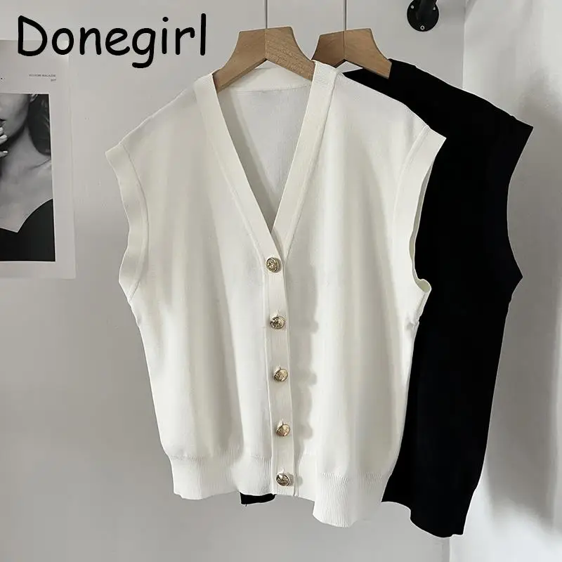 

Donegirl 2023 New Spring Summer Women Sleeveless Solid Single-breasted Vest Cardigans Knitted Swater Casual Simple Female Tops