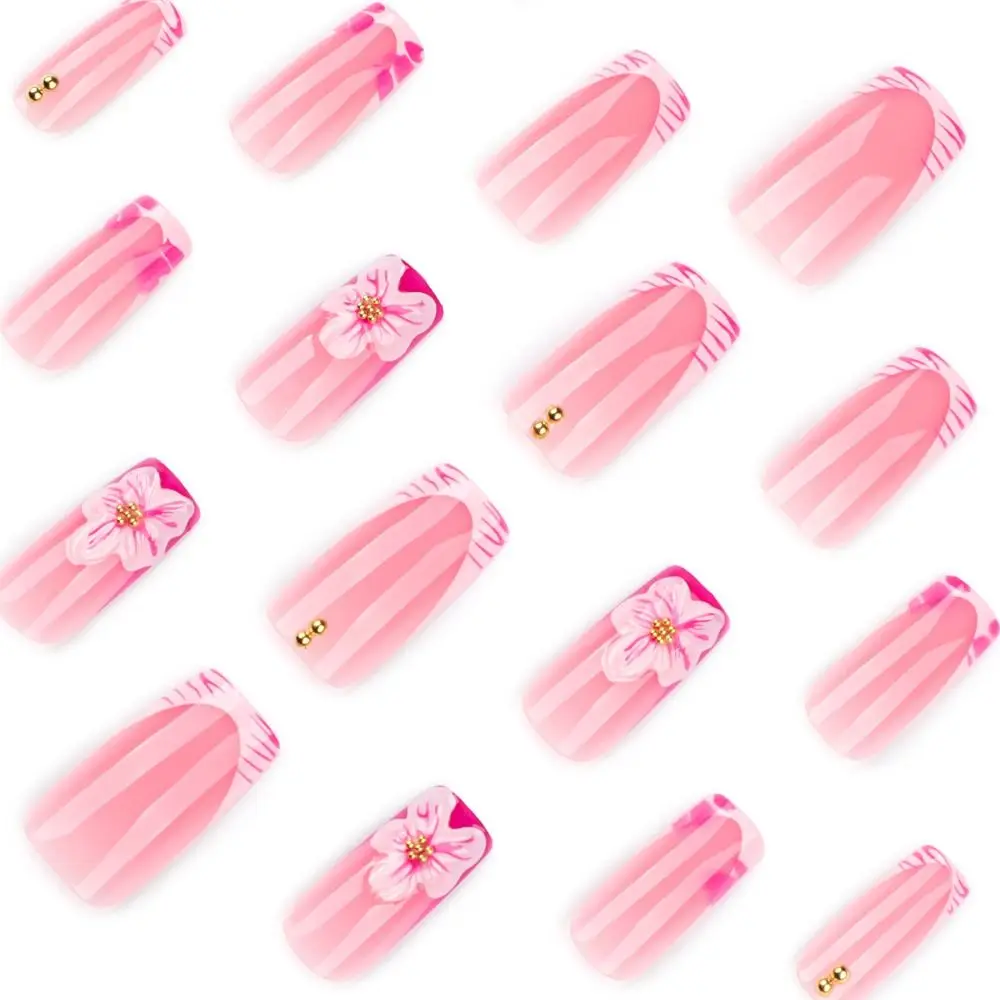 

Съемные длинные накладные ногти балерины с розовыми цветами и полосками, французские накладные ногти, полное покрытие, типсы для ногтей, сделай сам