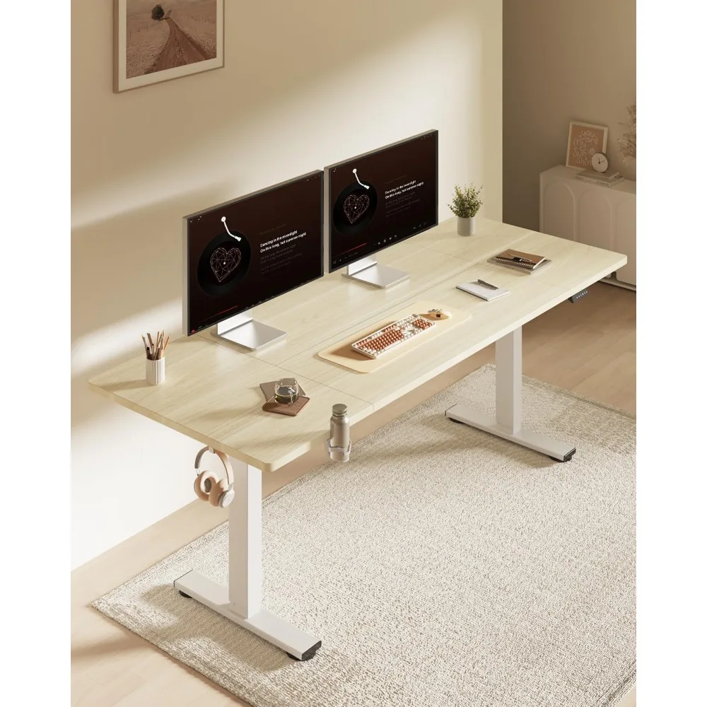 FLEXISPOT 63x32 Inch Electric Standing Desk, White Wood Grain | Large Workspace, Cable Management & Organizer, Cup Holder & Hook, Home Office, Multi-Monitor Setup