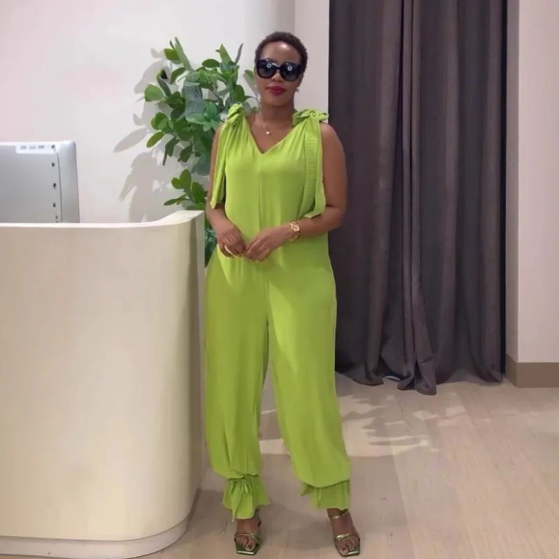 

KEXU Sleeveless Strap Bowknot V-neck Backless Loose Long Jumpsuits Women Summer Beach Night Club Street Sexy Outfit Rompers