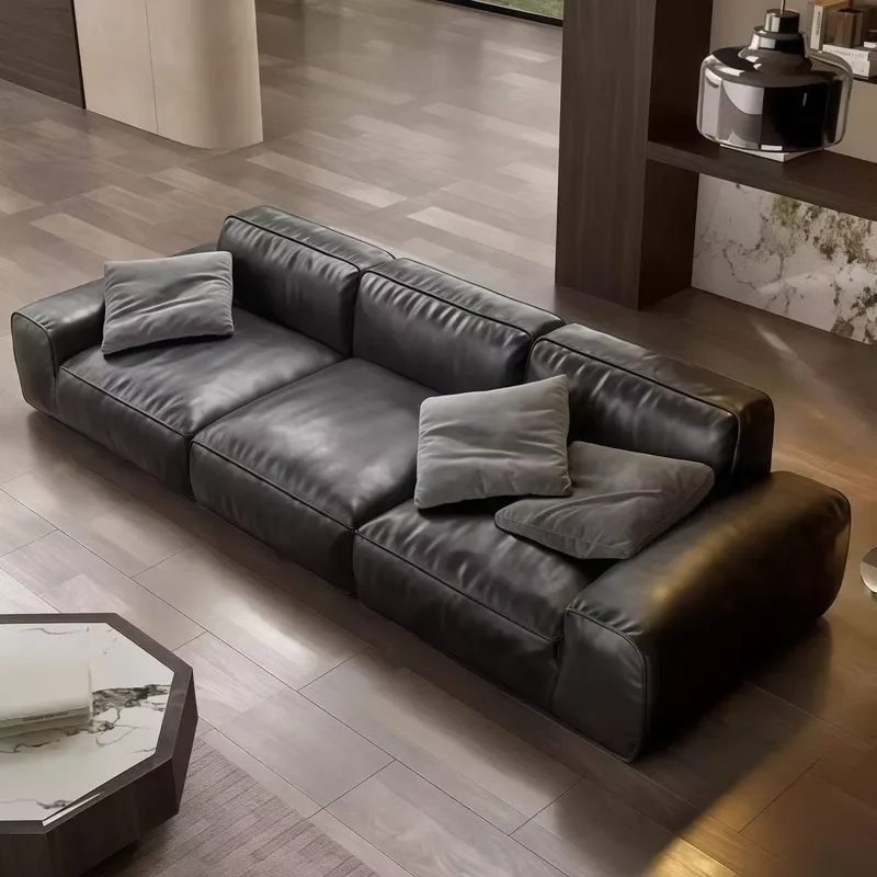 Modern leather sofa simple black straight row combination designer sofa