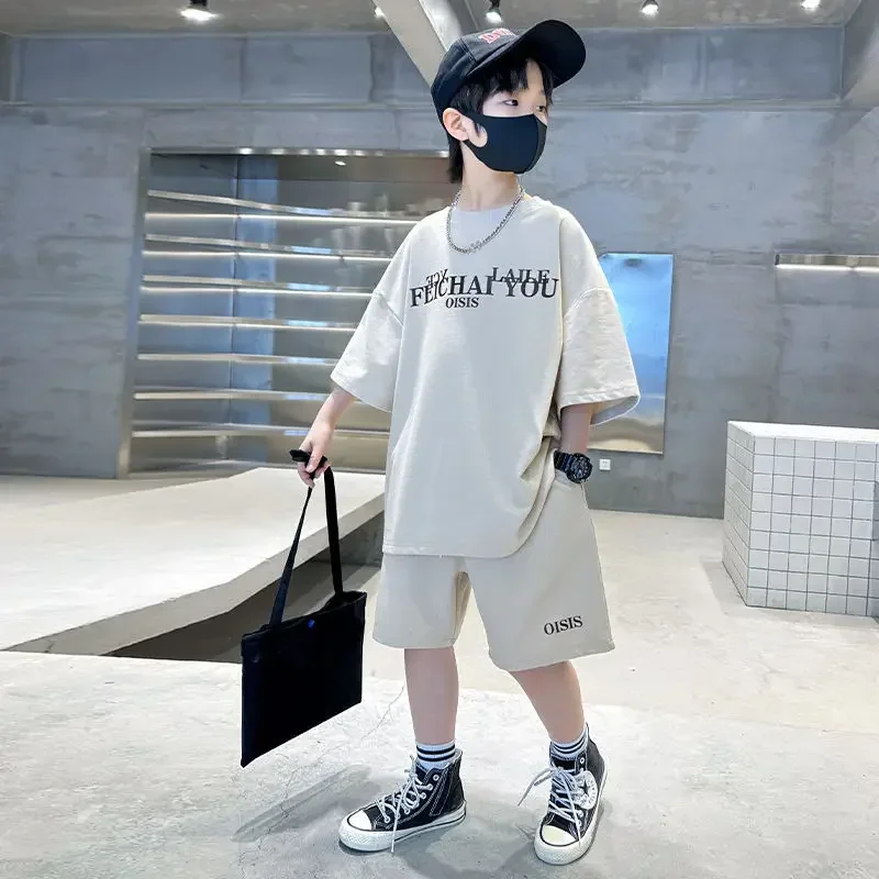 Summer Kids Fashion Sports Short Suits 4-14 Years Boys 2pcs Letter T-shirt+Pants Sets Teenage Boys Streetwear Outfits Clothes