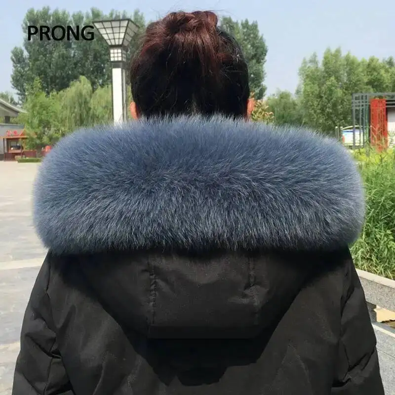 Cuello de piel de zorro para mujer, chaqueta de plumón, capucha decorativa, Cuello de piel 100% Real, sombreros a rayas, bufanda de piel cálida y