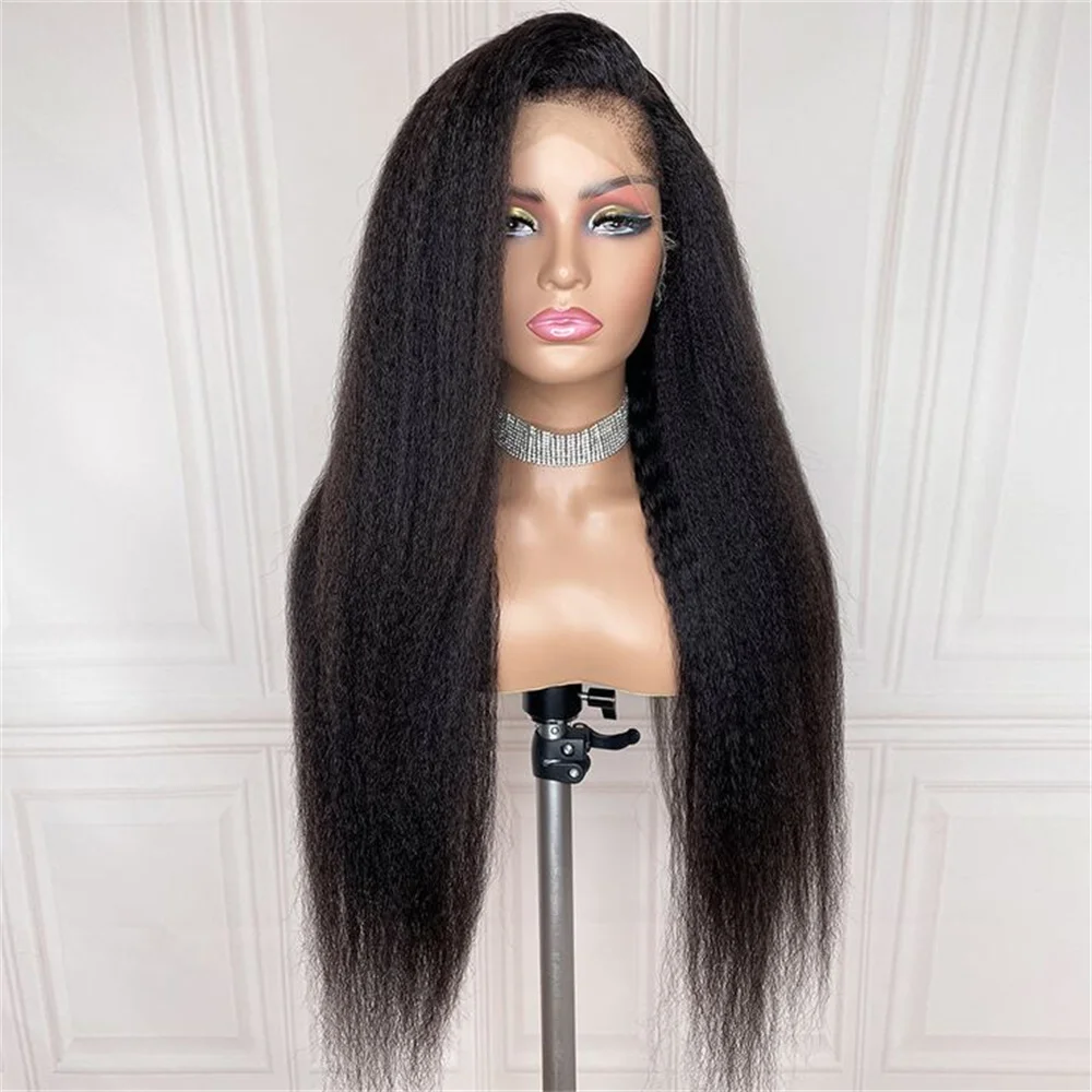 Longo macio natural preto 26 "preplucked 180 densidade kinky reta yaki peruca dianteira do laço para mulheres com cabelo do bebê sintético sem cola