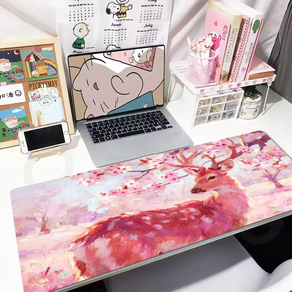 Large XXL Sakura Deer Mousepad Oil Snow Mountain Deskmat Non-Slip Rubber Game Mouse Mat Keyboard Mausepad Gamer Winter Pad