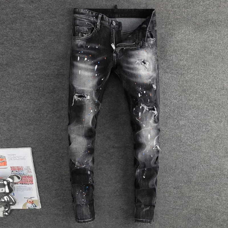 

Designer High Street Fashion Men's Jeans Retro Stretch Slimming Ripple Jeans Men's Painted Designer Hip Hop Brand Black Grey Pan