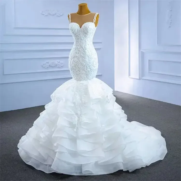 Customized 2025 Customize African Sleeveless Round Neck Mermaid Wedding Bridal Dresses Ruffle Fish Tail Wedding Dress Bridal Bal