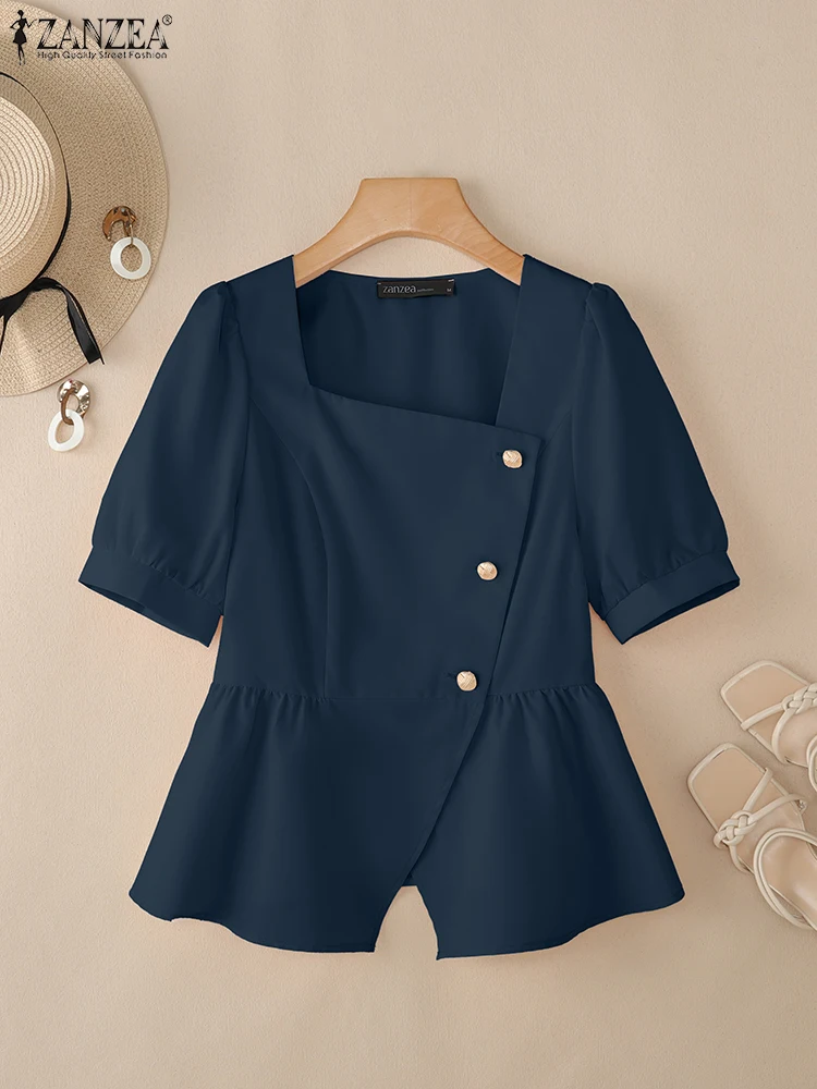 

2025 ZANZEA Summer Shirts Women Elegant Puff Sleeve Work Blouses Square Neck Waisted OL Blusas Stylish Solid Buttons Tunic Tops
