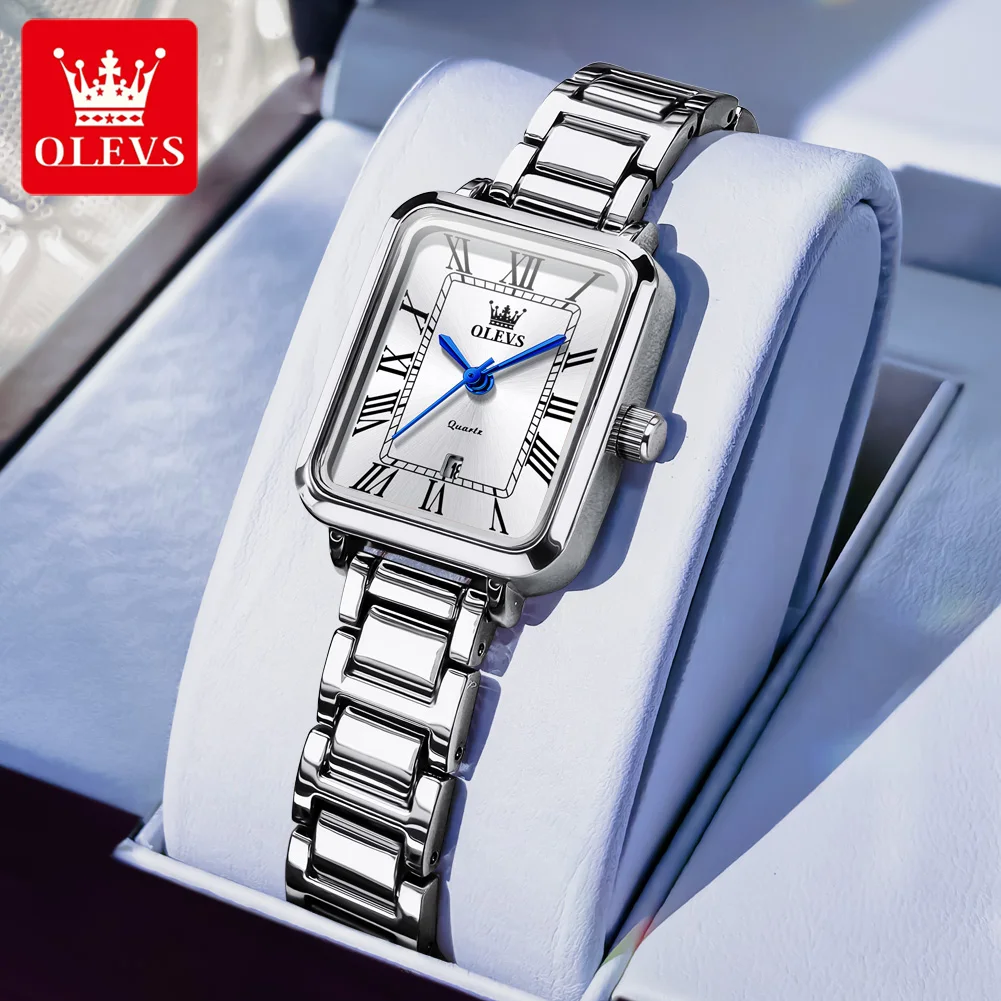 OLEVS heiße marke frauen uhr rechteckige zifferblatt römische skala datum weibliche armbanduhr silber wasserdicht klassische quarz dame uhren