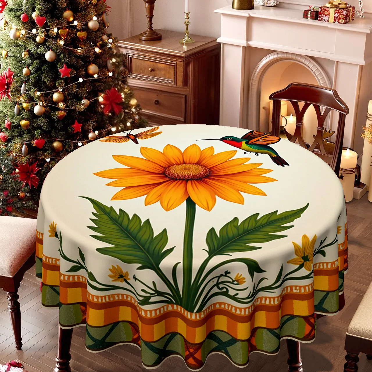 1 tablecloth, Christmas theme, hummingbird and dragonfly sunflower print tablecloth, suitable for home kitchens