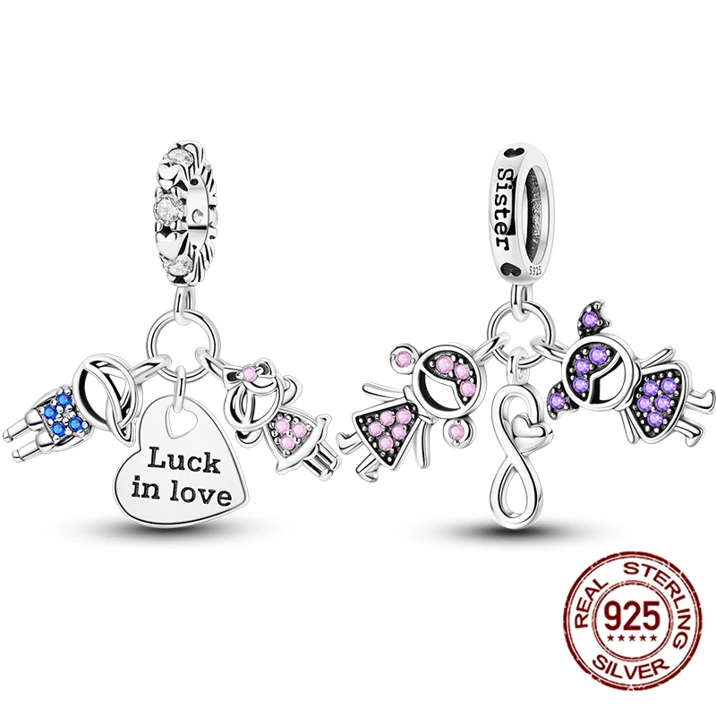 

925 Sterling Silver Luck In Love Foerver Sistet Charms Pendant Jewelry Fit Original Bracelet For Women DIY Gift Party