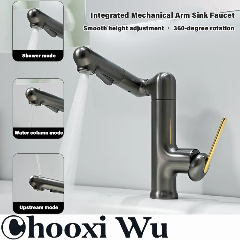 

Смеситель для раковины в ванную комнату с выдвижным изливом, подачей горячей и холодной воды, поворотный на 360° ° Вращающийся кран с регулировкой угла