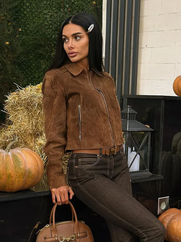 

HH женская осень 2024, новая модная популярная короткая куртка из натуральной кожи с лацканами, женское температурное универсальное пальто с карманами на молнии