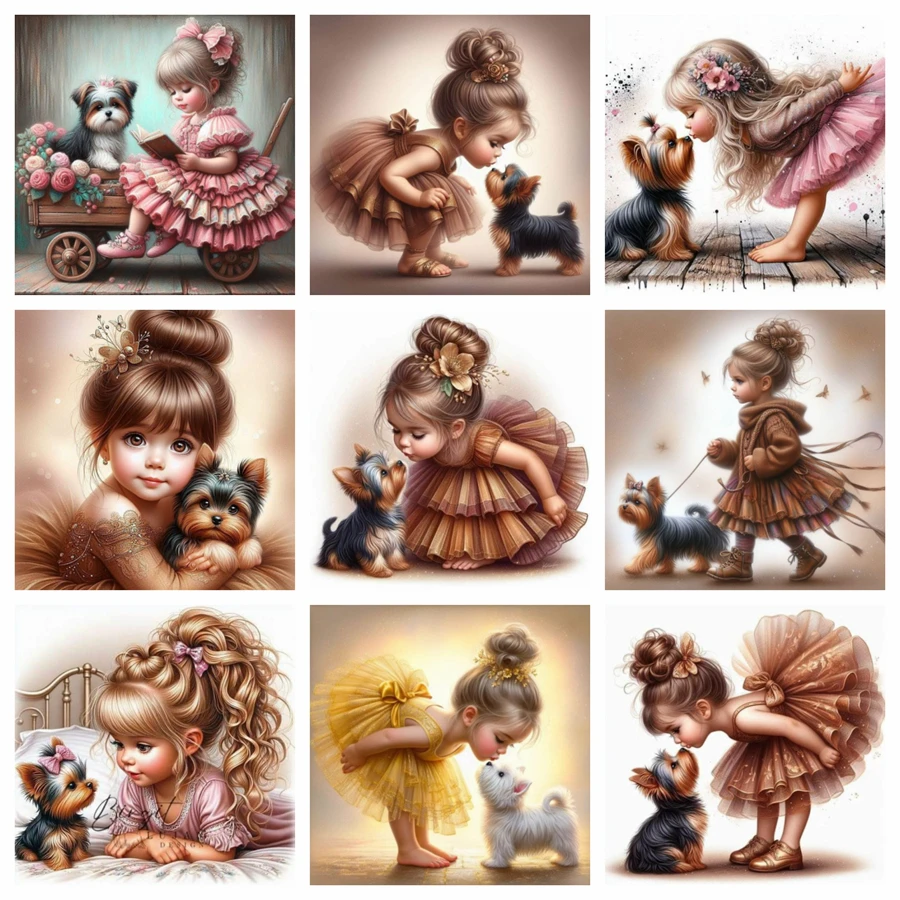 Little Girl and Yorkist Dog 5D AB Diamond Painting Animal Embroidery Rhinestone Mosaic Cross Stitch Room Decor Children's Gift