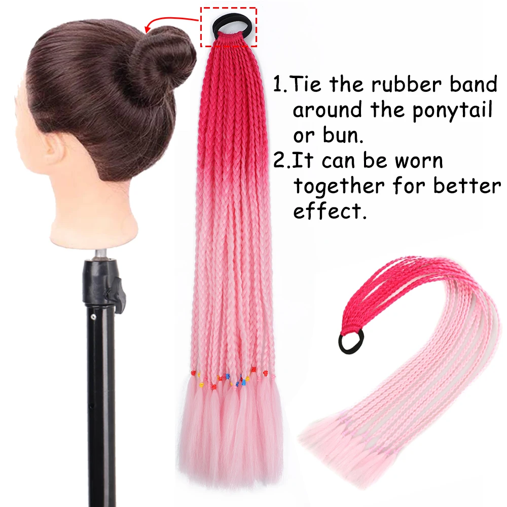 AZQUEEN Synthetic Braided Ponytail Hair Extensions With Rubber Band Gradient Colorful Long Braids Pony Tail For Kids Women