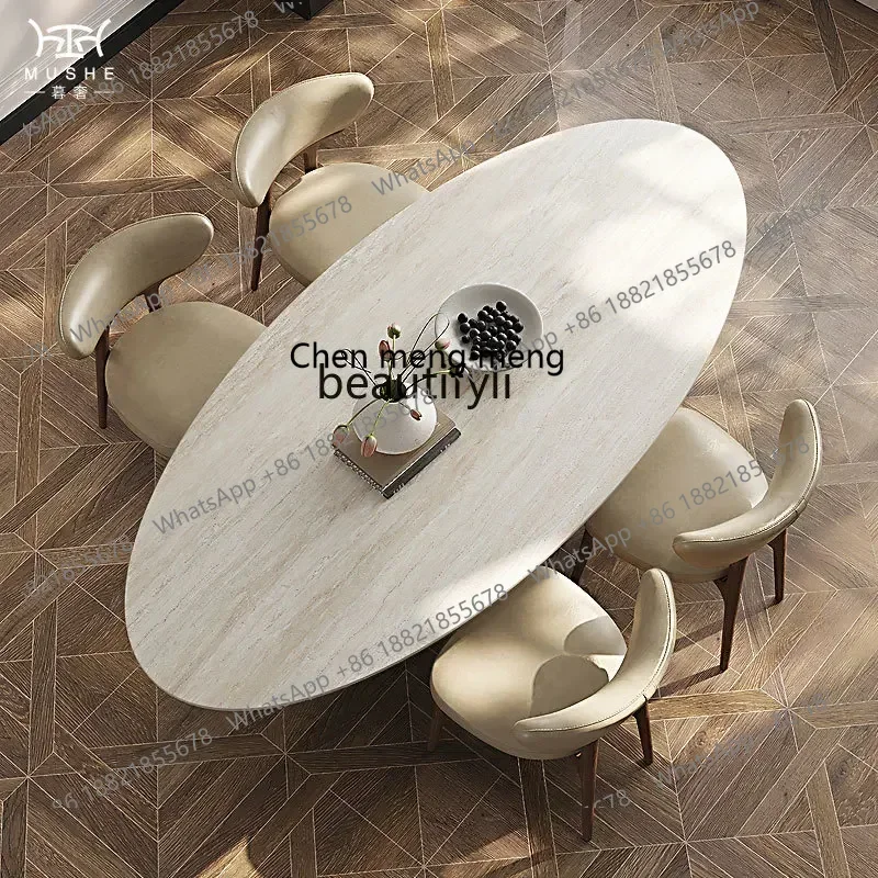 

CC French retro travertine rock slab dining table oval designer medium and ancient style home dining table