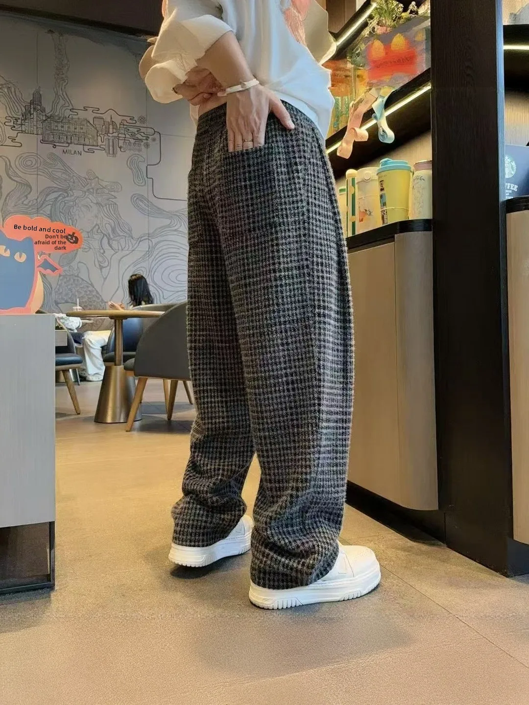 

Осенне-зимние утепленные бархатные брюки свободного кроя в клетку, прямые, повседневные, теплые и удобные, для мужчин