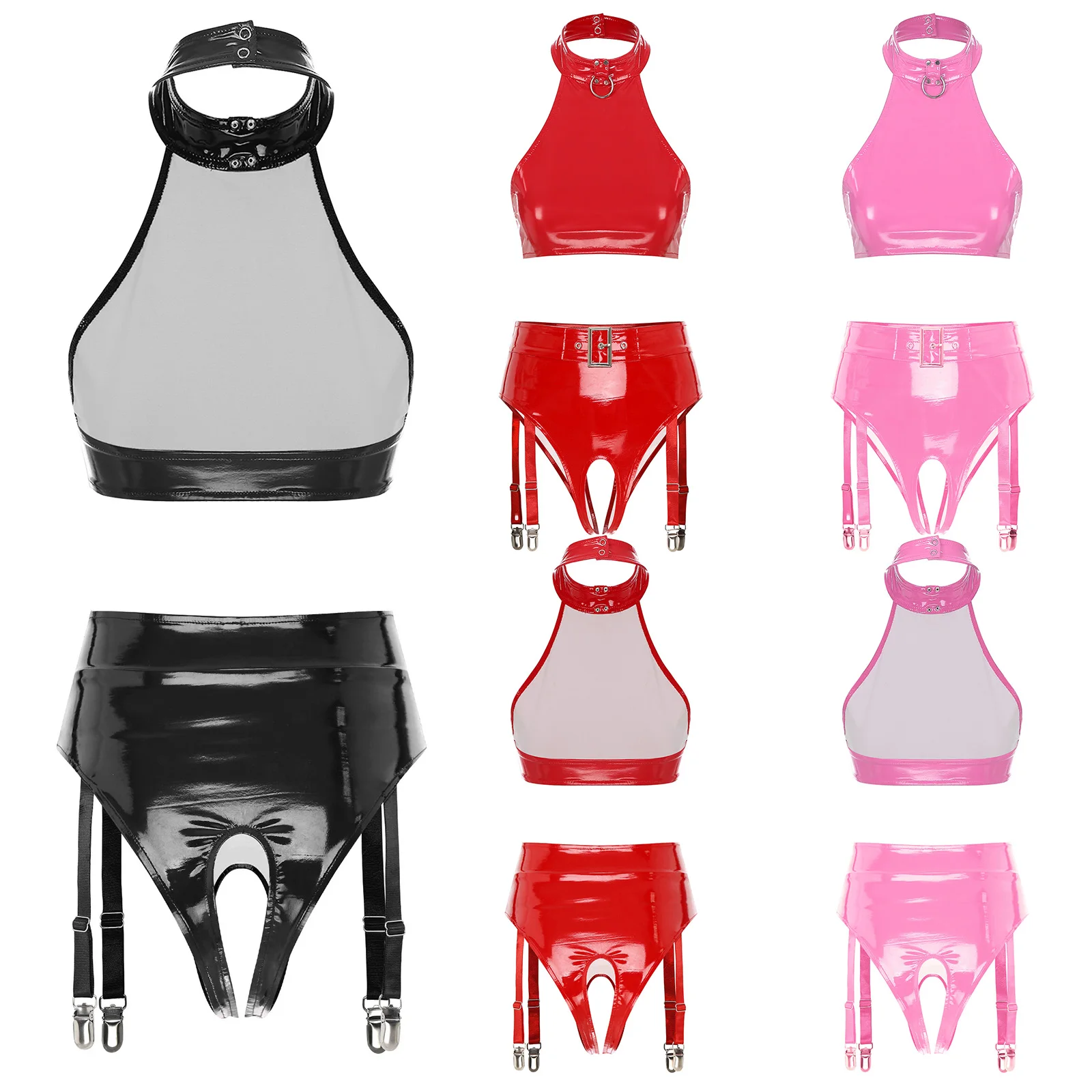 

Womens O Ring Halter Latex Vest Tops and High Waist Open Crotch Underwear with Sexy Pole Dancing Clubwea Dating Nightwear