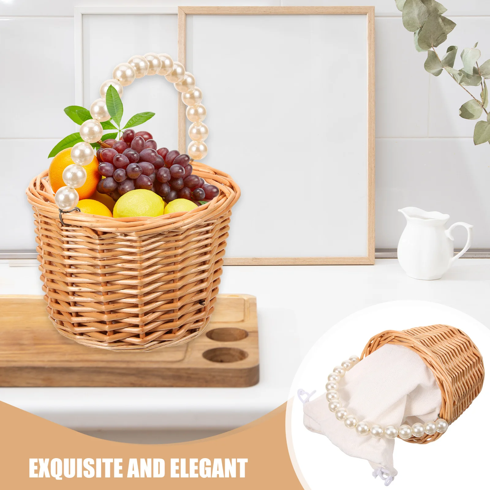 

Small Hand Woven Wicker Basket Pearl Decorated Flower Girl Basket for Wedding Bridal Shower Gift Rustic Floral Arrangement