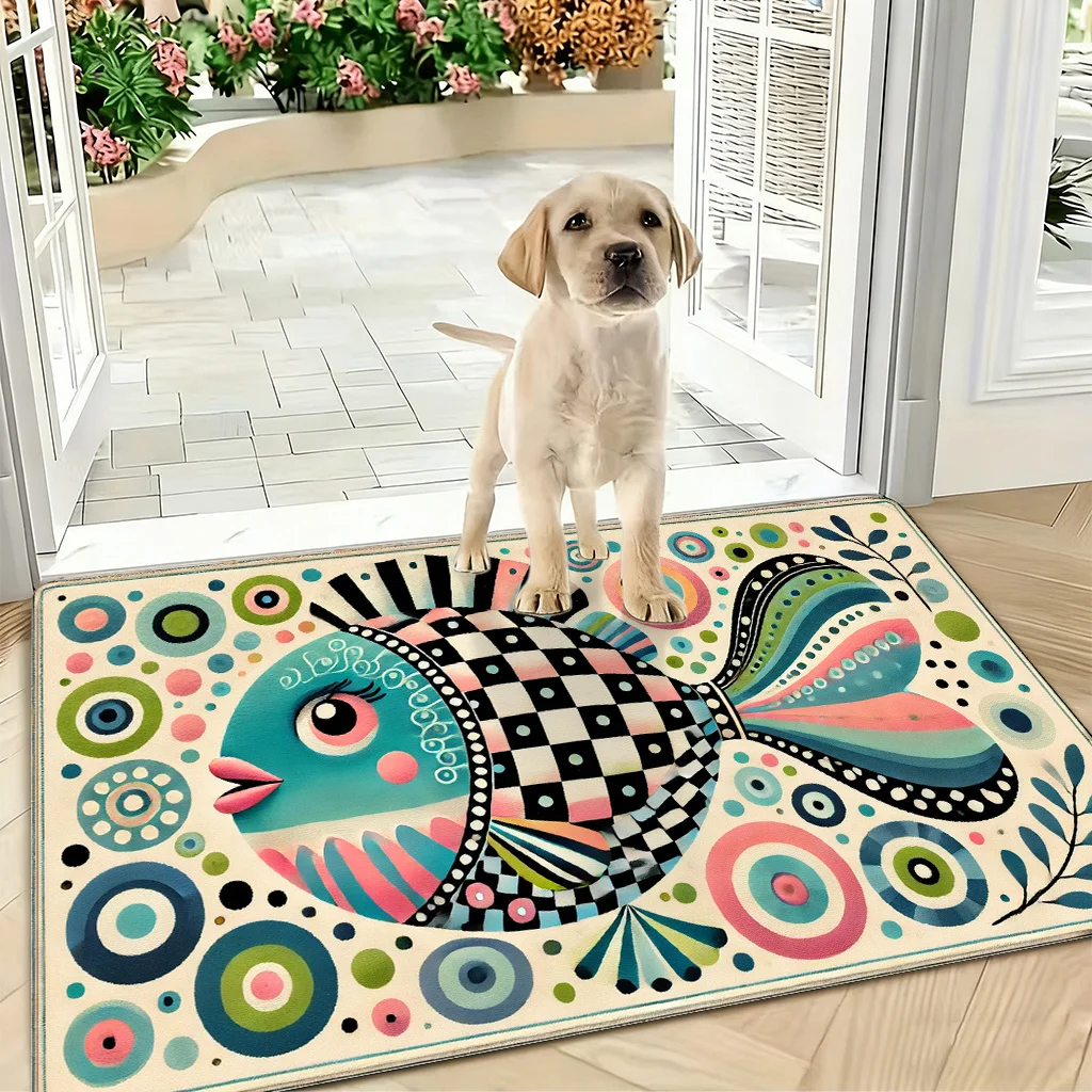 

1 шт. красочный коврик для прихожей с рисунком рыбы в стиле пэчворк – яркий художественный дизайн для ванной, кухни и прихожей, декоративный напольный коврик.