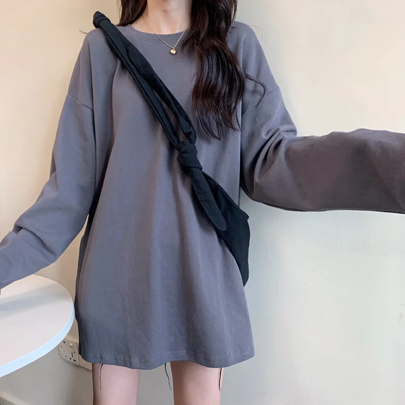 

Hong Kong Style Slit Round Neck Loose Long Sleeve Women's Tops Women's Mid-length Solid Color Base Shirt