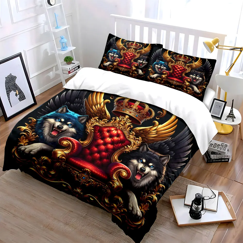 Two wolves guarding golden throne Print Soft Comfortable Duvet Cover Bedding Set Included 1*Duvet Cover 2*Pillowcases