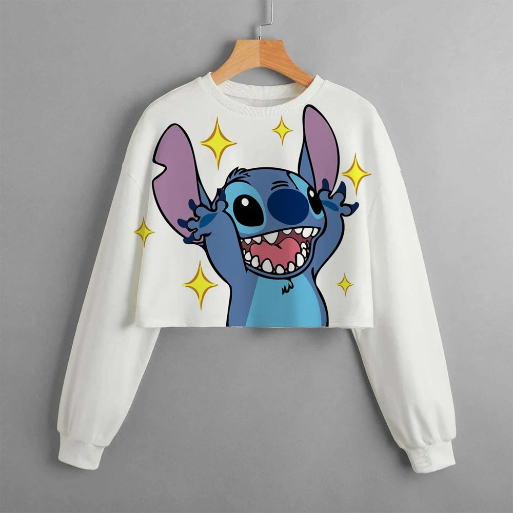 Girls Hoodie Casual Cartoon Anime Fun Print Children\'s Top Spring and Autumn Disney Lilo&Stitch Girls\' Short Round Neck Sweater