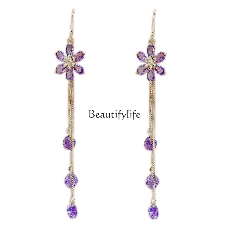 

Purple crystal flower earrings temperament long fringed high-end earrings