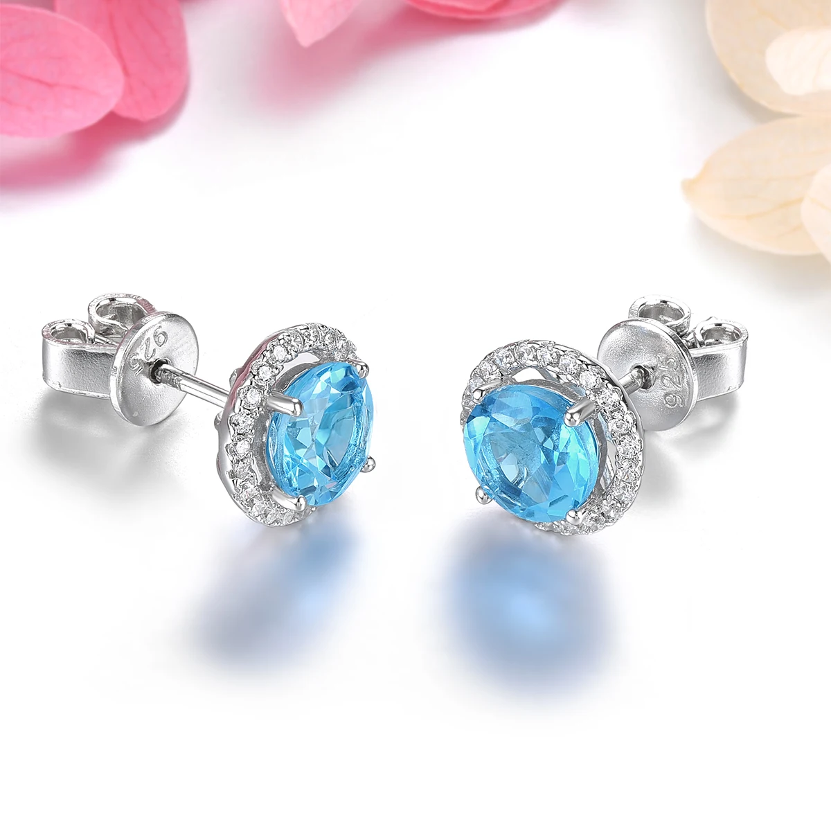 Natural Blue Topaz Sterling Silver Stud Earring 2 Carats Round Faced Deep Blue Topaz Women Classic Fine Jewelrys Top Quality