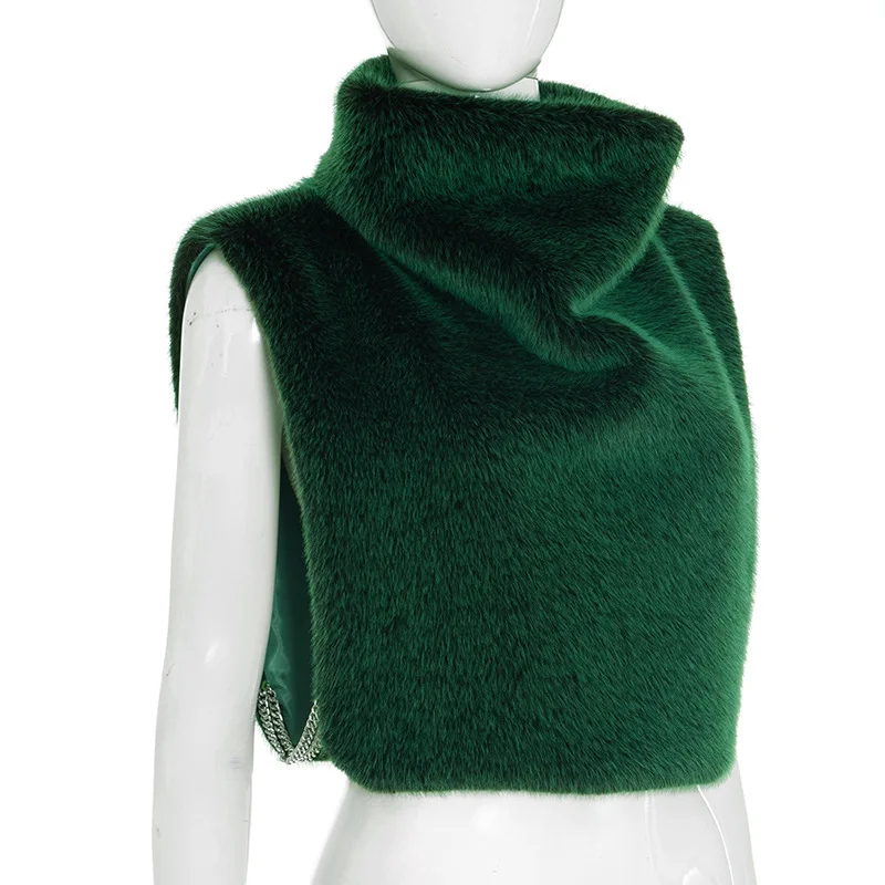 Fashion Slim Faux Fur Sleeveless Vests for Women 2026 Autumn Winter Turtleneck Metal Chains Fake Furry Cropped Jackets Female