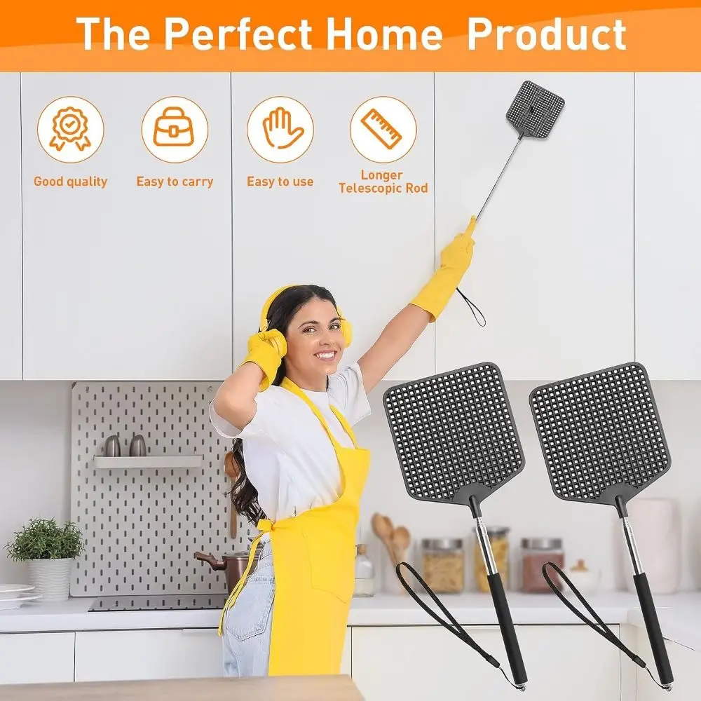 Black Telescopic Fly Swatters Heavy Duty Stainless Steel Flyswatter Plastic Handle Fly Swatter for Indoor Outdoor Classroom