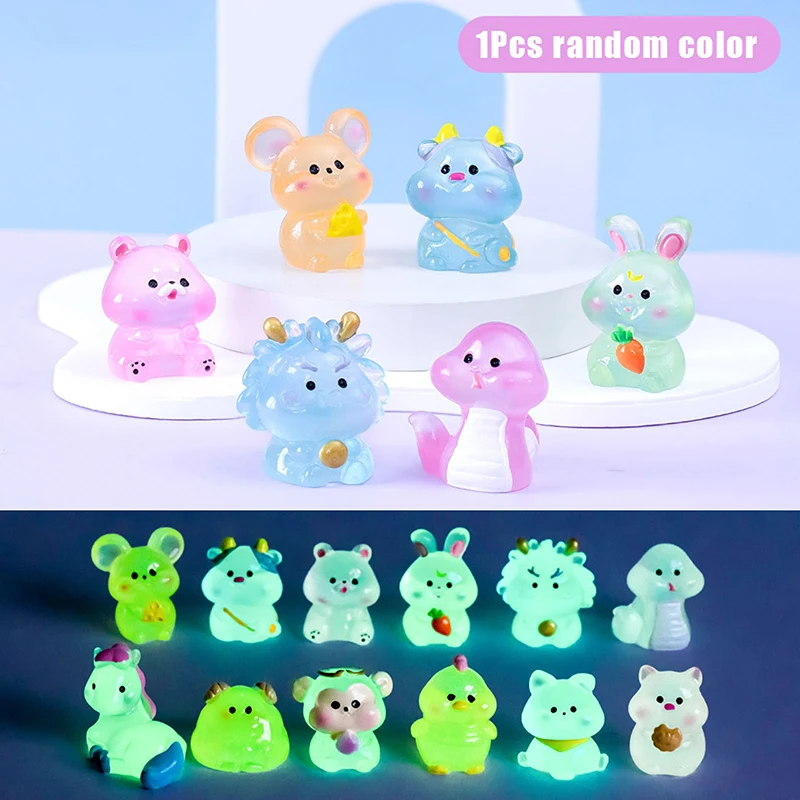 1Pc Chinese Zodiac Mini Luminous Ornaments Cartoon Animal Resin Ornament Micro Landscape Decoration DIY Desktop Decor