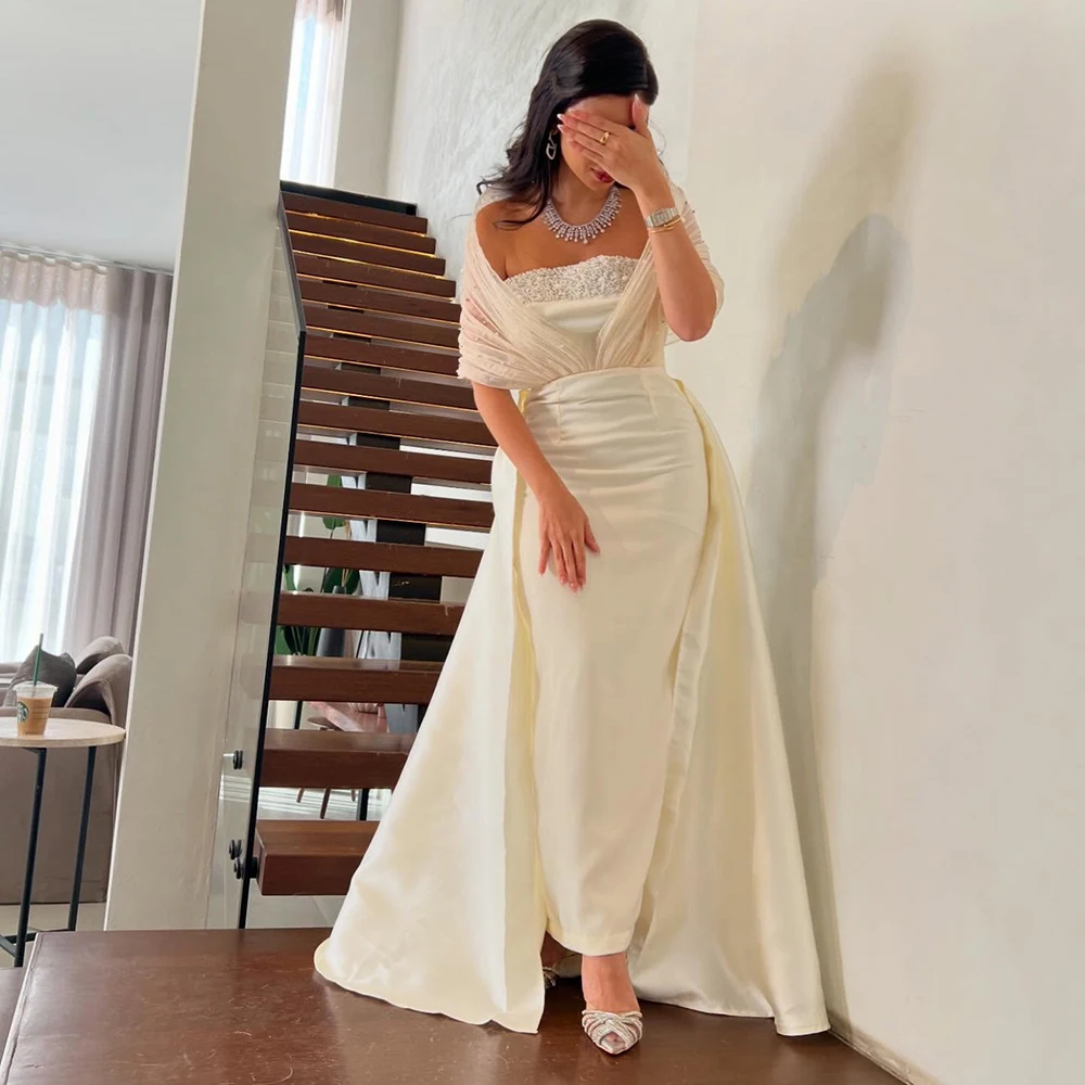 

Customized Strapless Jersey Straight Evening Dress Sleeveless With Cape Watteau Train Party Dress Ankle Length Prom Gown