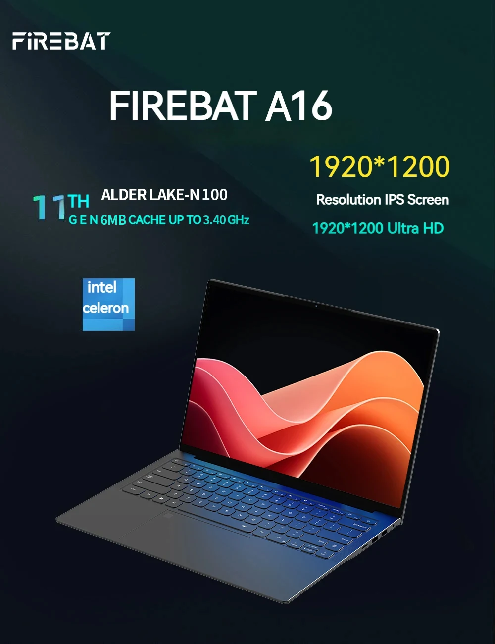 Imagem -04 - Firebab A16 16 Polegada 100 Srgb Ultra Fino Ddr4 16g Ram 1tb 1920*1200 Impressão Digital Portátil Intel N100 N5095 Notebook Portátil