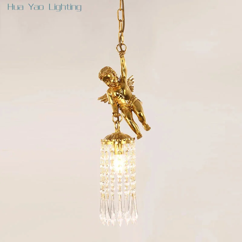 Gold cupid decoration crystal suspension luminaire vintage single droplight pendant light reception desk lights