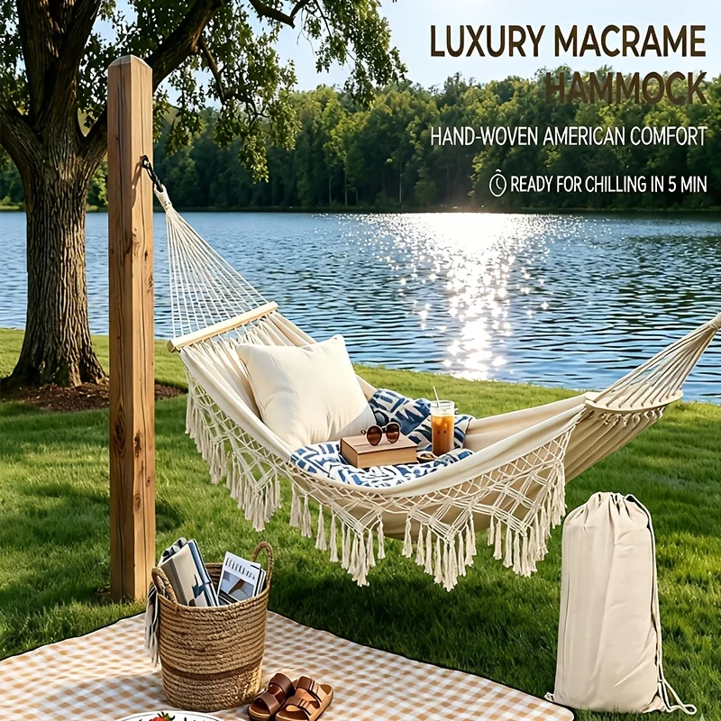 Widened and Thickened Tasseled Canvas Hammock, Luxury Widened and Thickened Double-Person Swing Hammock. Equipped with Two Wooden Sticks and Thick Binding Ropes. Ideal for Camping, Hiking, Outdoor Activities and Wedding Decorations. Storage Bag Included