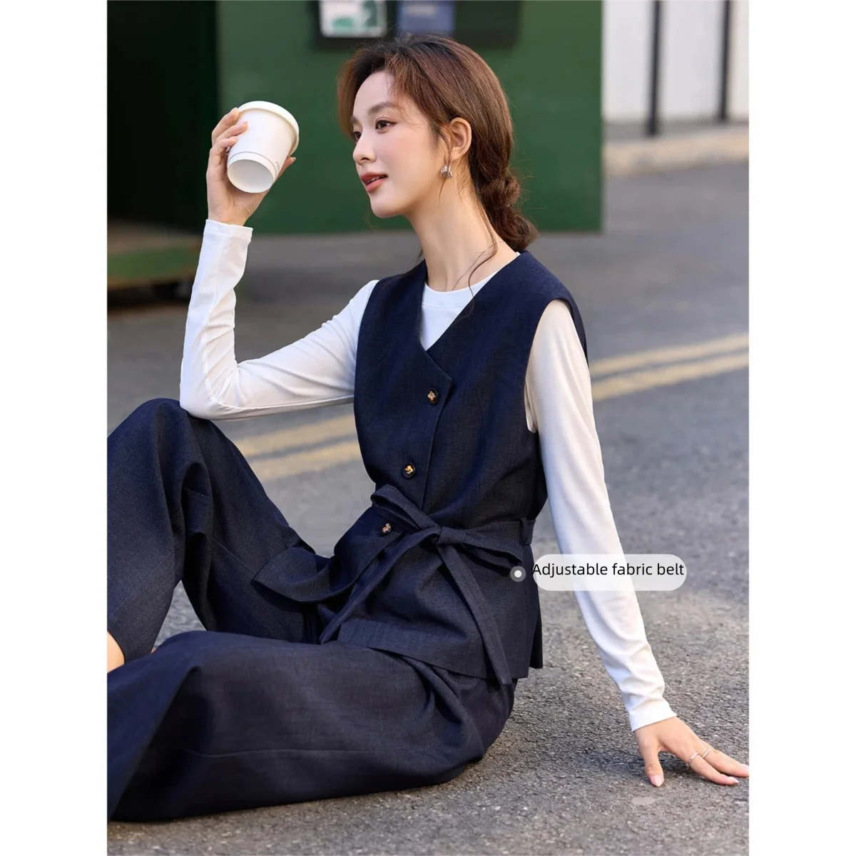 VIMLY Women's 2 Piece Commuter Suit 2026 Spring New Solid Vest with Adjustable Belt Wide Casual Leg Trousers Two-piece Set A3697
