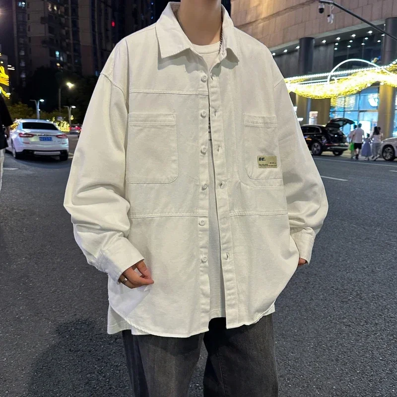 

Men Shirt Oxford Long Sleeve 100% Cotton Military Pocket Black Loose Casual Shirt Oversize Autumn Comfortable Black Dress Shirt