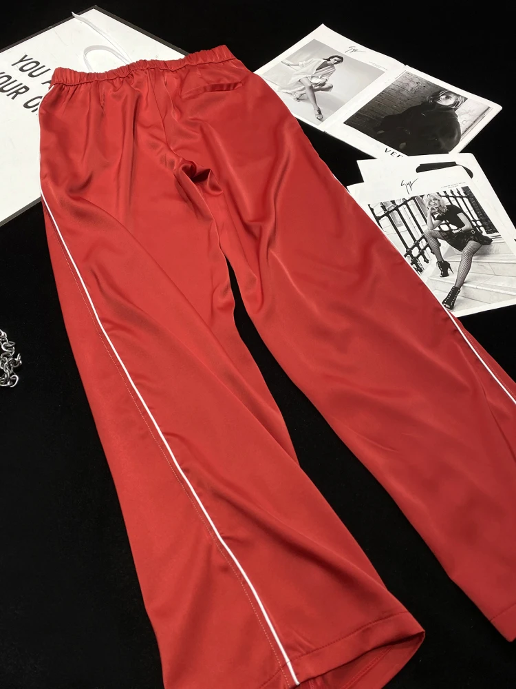 [YOZOU] Red Silk Satin Aesthetic Wide Pants Split Dance Elastic Waist Trousers Bottoms Slacks Korean Streetwear Rave Outfits