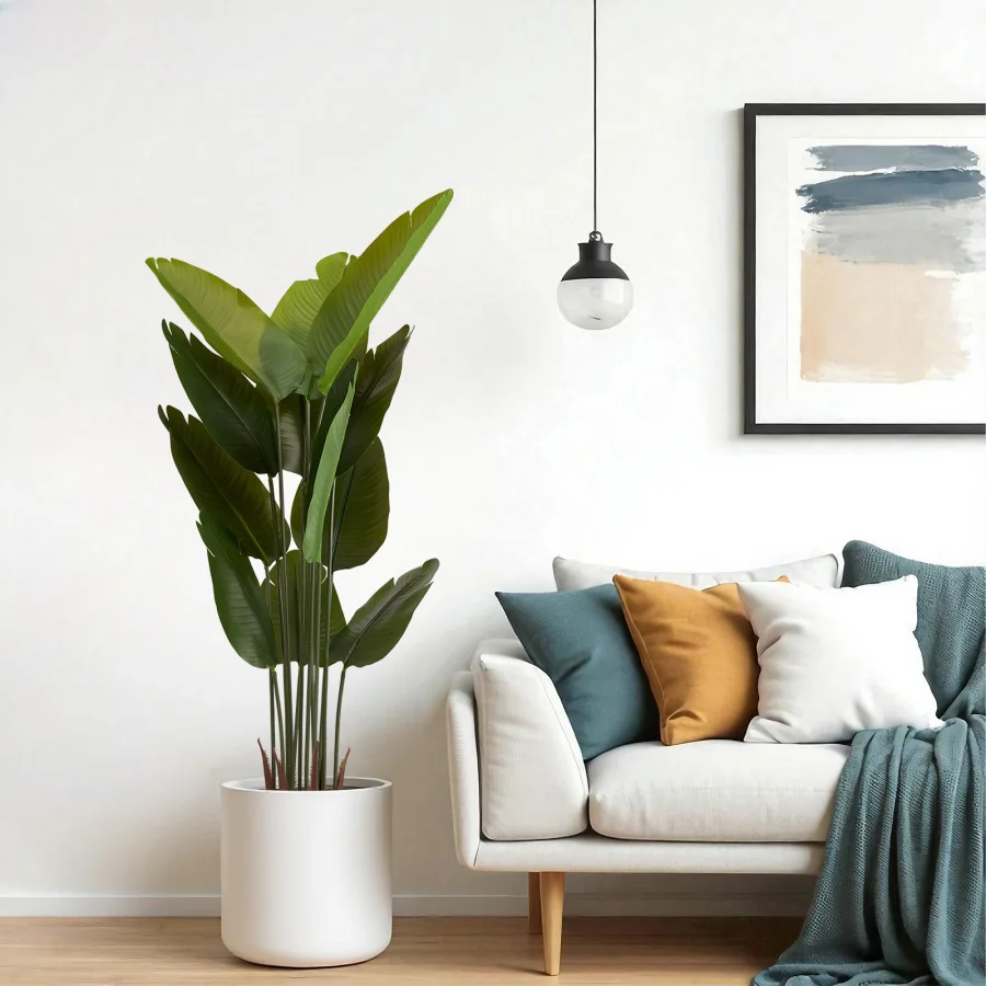 Indoor/outdoor artificial Bird of Paradise plant, 5.2ft tall faux tropical palm tree in pot, green foliage, realistic texture,