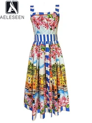 AELESEEN Sicilian 100% Cotton Dress Women Summer Designer Spaghetti Strap Flower House Print Striped Elegant Midi Party Camisole