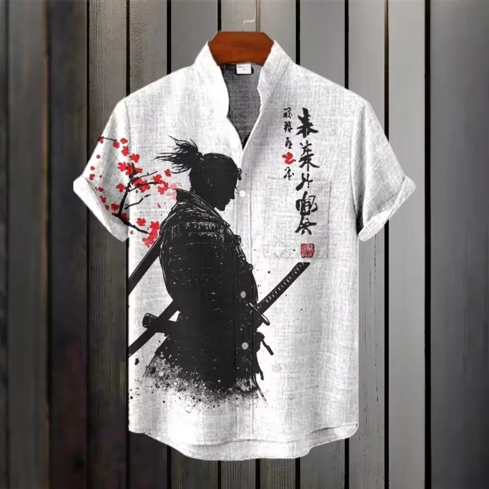 

Japanese Samurai Cherry Blossom Print Men Hawaiian Shirt White Linen Short Sleeve Vacation Button Tops