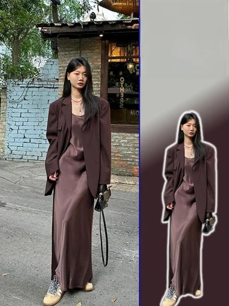 

plus Size Brown Vintage Strap Dr with Set High Waist Midi Spring Faion Women's Ensemble Long Sve V-Ne Button up