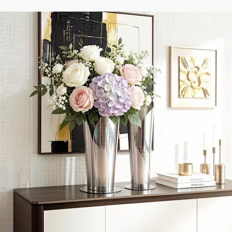 Front Opening Stainless Steel Geometric Vase Table Decoration Flowers Arrangement Dried Flower Floral Vases Room Aesthetic Decor