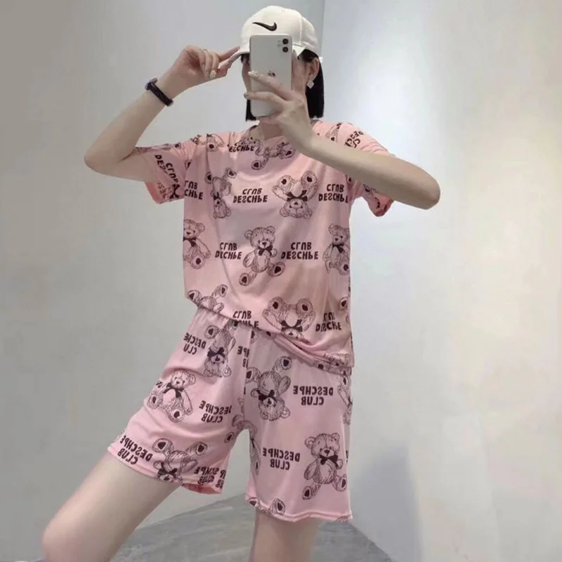 

Fashionable Ice Silk Bear Set Short Sleeve Pants Casual Sportswear Two-Piece Suit Korean Style Sleepwear for Young Women