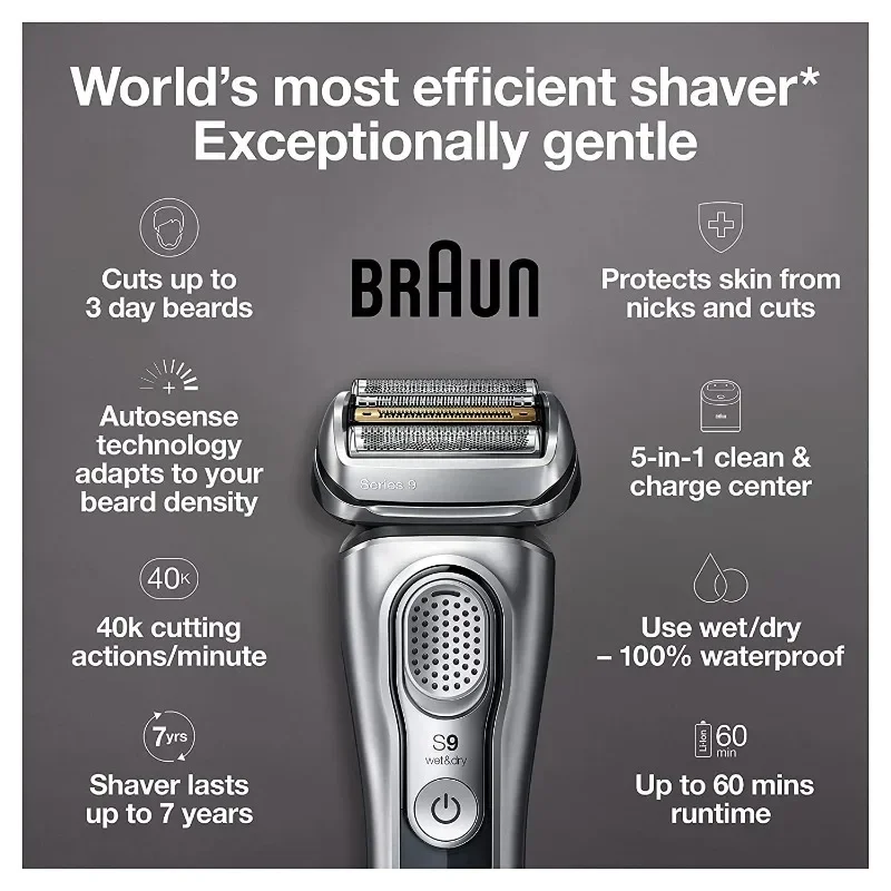 Braun Electric Razor for Men, Waterproof Foil Shaver, Series 9 9390cc, Wet & Dry Shave, With Pop-Up Beard Trimmer for Grooming