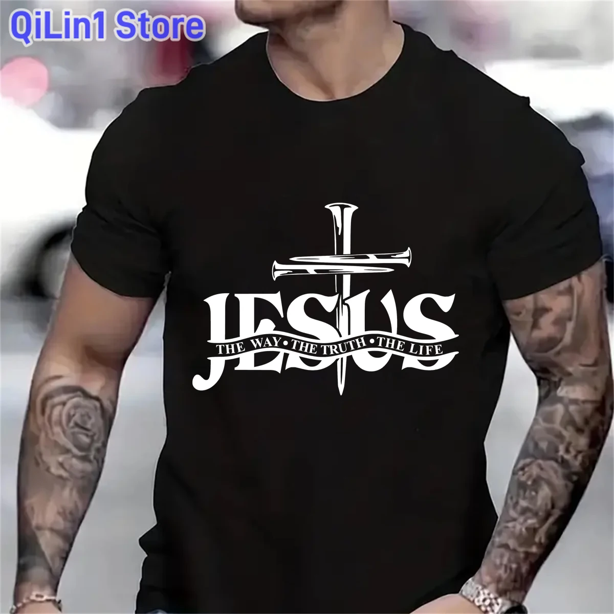 Jesus The Way The Truth The Life Letter Printed T Shirt Men'S Clothing Summer Fashion Short Sleeve T-Shirt Homme Black T-Shirt